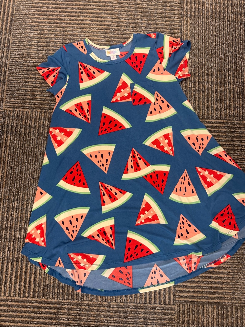 USED LuLaRoe Kids Carly  Dress Blue with Red & Pink Watermelon Print Sz 8